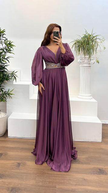 Lavender V-Neck Waist Transparent Plus Size Evening Dress